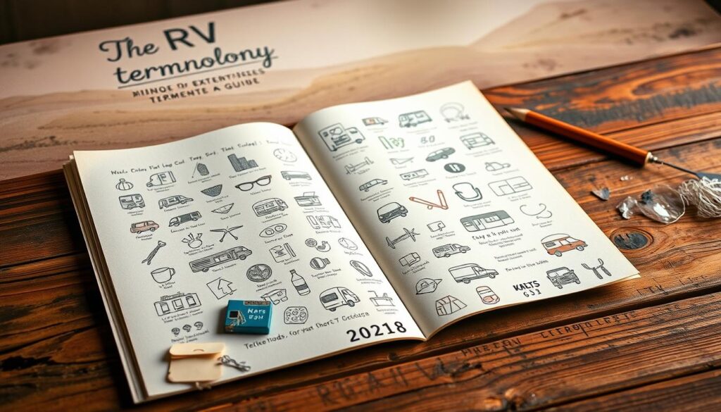 A cozy, illustrated guide laid out on a rustic wooden table, showcasing various RV-related terminology. In the foreground, a collection of icons and symbols representing different RV parts, accessories, and experiences, arranged in a visually appealing layout. The middle ground features hand-drawn sketches and diagrams explaining the meaning and usage of common RV jargon, with a warm, vintage aesthetic. The background is a soft, muted landscape, evoking the spirit of the open road and the adventurous RV lifestyle. Gentle lighting casts a natural, inviting glow over the entire scene, creating a sense of comfort and exploration.