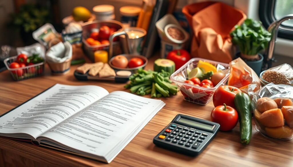 A cozy kitchen countertop with an open cookbook, a calculator, and a variety of fresh ingredients, including vegetables, fruits, and packaged goods. The lighting is warm and inviting, with a soft focus on the budgeting tools and meal planning materials. The scene conveys a sense of careful consideration and planning for the food costs associated with RV living, reflecting the "Food and Grocery Budgeting" section of the article.