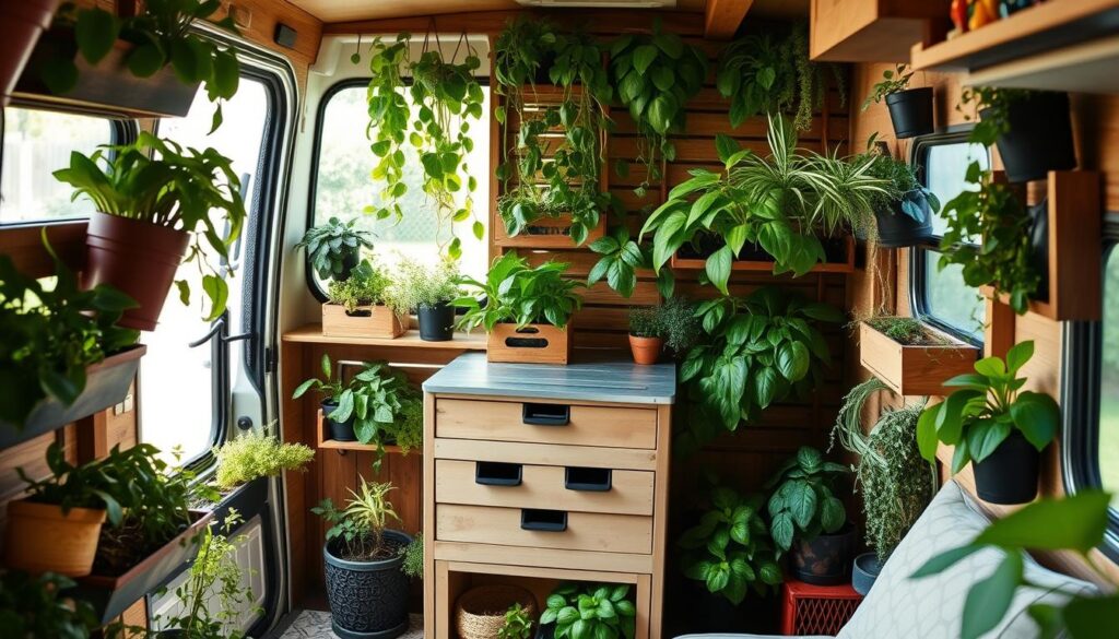 A cozy vertical garden nestled in a compact RV, bursting with lush foliage and thoughtful storage solutions. The foreground showcases a variety of hanging planters, wall-mounted shelves, and repurposed crates overflowing with leafy greens and aromatic herbs. The middle ground features a compact workbench or storage unit, its drawers and compartments optimized for efficient organization. In the background, the RV's interior is illuminated by natural light filtering through large windows, creating a serene and inviting atmosphere. The overall scene captures the essence of maximizing limited space through creative vertical gardening and storage techniques, perfectly suited for the small-living lifestyle.