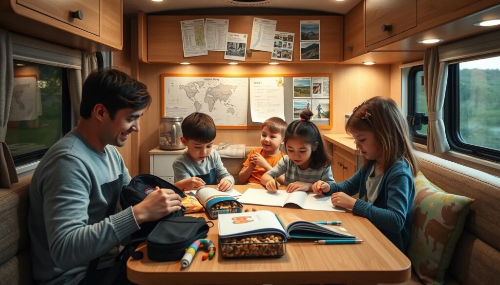 A cozy, warm-lit RV interior with a young family gathered around a table, preparing for their upcoming adventure. In the foreground, a parent helps a child pack their favorite toys and books into a backpack, while another child sits nearby, excitedly sketching their travel itinerary. The middle ground features a bulletin board with maps, checklists, and vacation photos, creating a sense of anticipation. The background showcases the RV's compact yet functional kitchen, with a parent mixing up a batch of trail mix. Soft, diffused lighting casts a gentle glow, evoking a sense of togetherness and excitement for the RV experience to come.