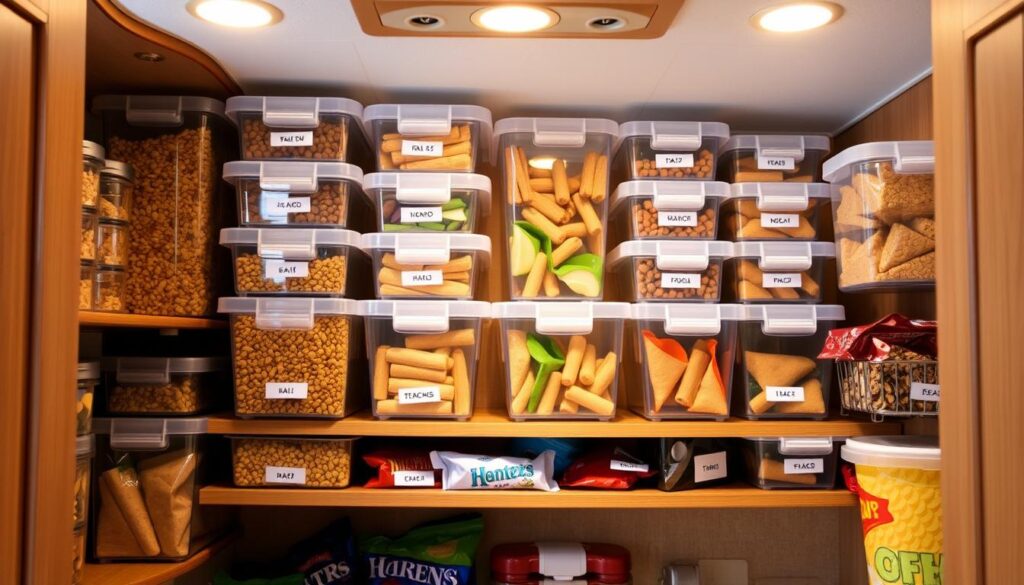 A cozy, well-lit RV pantry, neatly organized with an assortment of snack storage containers. Transparent plastic bins, labeled and stacked, house an array of trail mixes, granola bars, and individual-sized bags of chips. The shelves are arranged in a visually pleasing manner, with containers of varying heights and sizes creating a sense of depth and balance. Warm lighting from above casts a soft glow, highlighting the orderly, functional design. The overall atmosphere conveys a sense of preparedness and adventure, ready to fuel the upcoming road trip with delicious, easily accessible snacks. A cozy, well-lit RV pantry, neatly organized with an assortment of snack storage containers. Transparent plastic bins, labeled and stacked, house an array of trail mixes, granola bars, and individual-sized bags of chips. The shelves are arranged in a visually pleasing manner, with containers of varying heights and sizes creating a sense of depth and balance. Warm lighting from above casts a soft glow, highlighting the orderly, functional design. The overall atmosphere conveys a sense of preparedness and adventure, ready to fuel the upcoming road trip with delicious, easily accessible snacks.