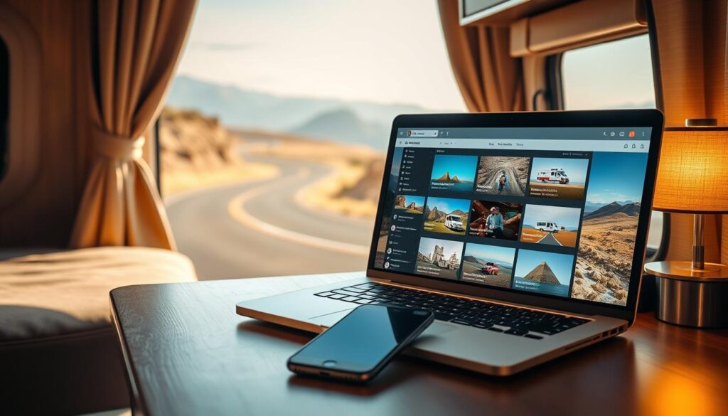 A cozy, well-lit workspace with a laptop, smartphone, and various online tools displayed on the screen, set against a backdrop of a winding road and scenic RV lifestyle imagery. The composition has a balanced, inviting feel, capturing the essence of planning an RV trip with the help of digital resources. Warm, natural lighting illuminates the scene, creating a sense of productivity and adventure. The overall atmosphere is one of efficiency, organization, and the excitement of exploring the open road. A cozy, well-lit workspace with a laptop, smartphone, and various online tools displayed on the screen, set against a backdrop of a winding road and scenic RV lifestyle imagery. The composition has a balanced, inviting feel, capturing the essence of planning an RV trip with the help of digital resources. Warm, natural lighting illuminates the scene, creating a sense of productivity and adventure. The overall atmosphere is one of efficiency, organization, and the excitement of exploring the open road.