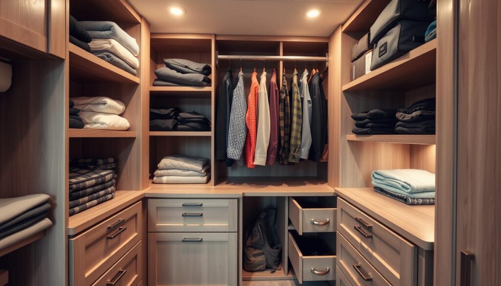 A cozy, well-organized RV closet with smart storage solutions for a family. Shelves and drawers of varying sizes efficiently house folded clothes, travel essentials, and neatly stowed gear. Soft, diffused lighting from hidden fixtures illuminates the space, creating a warm, inviting atmosphere. Sleek, minimalist cabinetry in muted tones blends seamlessly with the RV's interior, maximizing the sense of spaciousness. Clever compartments and hanging rods optimize every inch, demonstrating how thoughtful design can transform a small space into a functional family oasis.