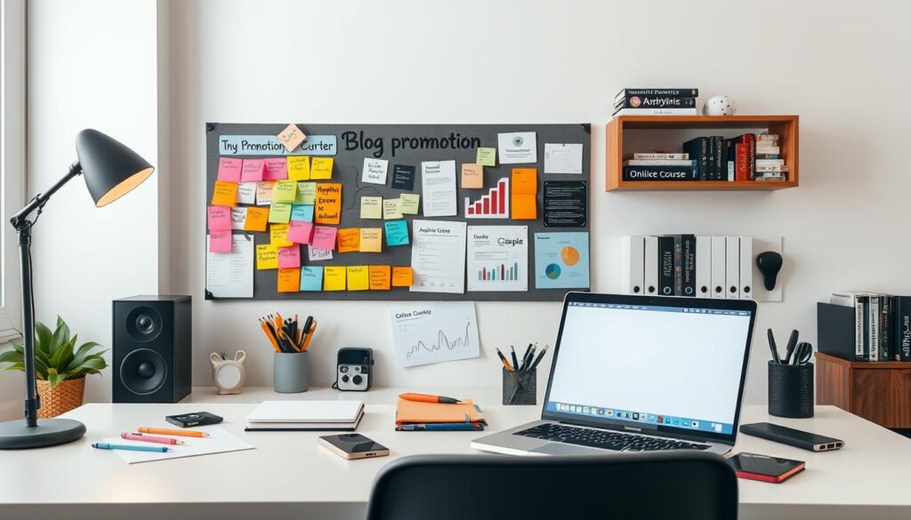 A creative workspace with an array of digital tools and resources for blog promotion strategies. In the foreground, a modern desktop with a laptop, a smartphone, and various office supplies. The middle ground features a mood board with colorful sticky notes, inspirational quotes, and analytic charts. The background showcases a clean, minimalist wall with shelves displaying helpful books, online course materials, and a USB hub. Soft, diffused lighting creates a productive and focused atmosphere, emphasizing the tools and technologies that empower effective blog promotion. A creative workspace with an array of digital tools and resources for blog promotion strategies. In the foreground, a modern desktop with a laptop, a smartphone, and various office supplies. The middle ground features a mood board with colorful sticky notes, inspirational quotes, and analytic charts. The background showcases a clean, minimalist wall with shelves displaying helpful books, online course materials, and a USB hub. Soft, diffused lighting creates a productive and focused atmosphere, emphasizing the tools and technologies that empower effective blog promotion.