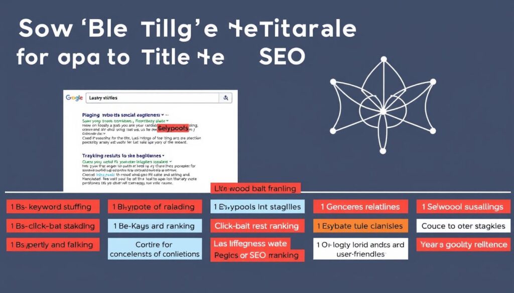 A crisp, minimalist image depicting common blog title mistakes to avoid for SEO. In the foreground, a grid of poorly-optimized blog post titles in various sizes and colors, each with obvious flaws like keyword stuffing, click-bait wording, and lack of clarity. In the middle ground, a search engine results page with low rankings for these titles. In the background, a simple geometric pattern representing the principles of effective SEO-friendly titles - conciseness, relevance, and user-friendliness. The overall mood is one of education and guidance, subtly urging the viewer to learn from these mistakes. A crisp, minimalist image depicting common blog title mistakes to avoid for SEO. In the foreground, a grid of poorly-optimized blog post titles in various sizes and colors, each with obvious flaws like keyword stuffing, click-bait wording, and lack of clarity. In the middle ground, a search engine results page with low rankings for these titles. In the background, a simple geometric pattern representing the principles of effective SEO-friendly titles - conciseness, relevance, and user-friendliness. The overall mood is one of education and guidance, subtly urging the viewer to learn from these mistakes.