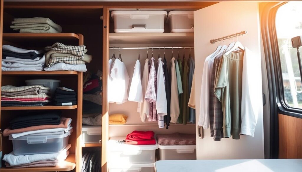 A decluttered RV closet, with neatly organized shelves and hangers. Sunlight streams through the open door, illuminating the space. Carefully folded clothes, labeled storage bins, and a hanging rod with garments arranged by type and color. The countertop is clear, save for a few essential items. The atmosphere is one of tranquility and productivity, inviting the viewer to imagine the transformative process of decluttering and organizing this compact but essential storage space.