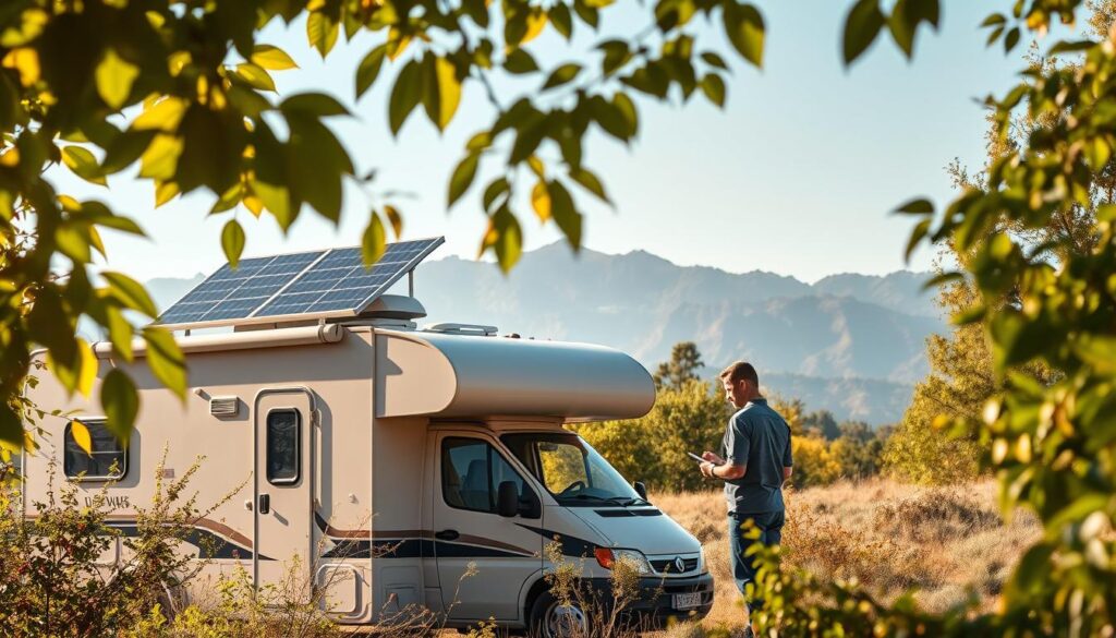 A detailed assessment of an RV's solar power capabilities, captured in a photorealistic scene. In the foreground, a practical RV is parked amidst lush, sun-dappled foliage, its rooftop solar panels prominently displayed. In the middle ground, a person examines a tablet, likely evaluating the RV's power consumption and solar generation data. The background features a serene, mountainous landscape, emphasizing the off-grid potential of solar-powered camping. Crisp lighting from the sun casts warm, natural shadows, and the scene is rendered with a lens that captures the scene's depth and scale, inviting the viewer to imagine themselves in this RV solar power assessment scenario. A detailed assessment of an RV's solar power capabilities, captured in a photorealistic scene. In the foreground, a practical RV is parked amidst lush, sun-dappled foliage, its rooftop solar panels prominently displayed. In the middle ground, a person examines a tablet, likely evaluating the RV's power consumption and solar generation data. The background features a serene, mountainous landscape, emphasizing the off-grid potential of solar-powered camping. Crisp lighting from the sun casts warm, natural shadows, and the scene is rendered with a lens that captures the scene's depth and scale, inviting the viewer to imagine themselves in this RV solar power assessment scenario.