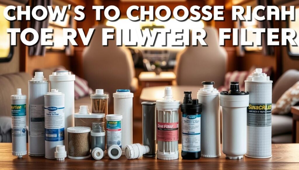 A detailed guide to choosing the right RV water filter, set against a warm, softly-lit interior scene. In the foreground, an assortment of various RV water filter cartridges and housings are displayed on a wooden surface, showcasing their size, shape, and filtration capabilities. In the middle ground, an open RV water system with connections and fittings is visible, hinting at the integration process. The background features a cozy RV living area, with natural light streaming in through windows, creating a welcoming atmosphere. The overall composition emphasizes the importance of selecting the appropriate water filter to maintain clean, safe drinking water while on the road.