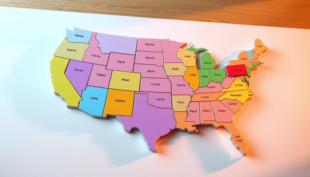 A detailed, high-resolution 3D render of a colorful world map with highlighted state boundaries, showcasing the varying RV insurance cost requirements across the United States. The map is illuminated by warm, natural lighting, casting subtle shadows and highlights to create depth and realism. The viewer's attention is drawn to the key states, their outlines and insurance data presented in a clean, informative layout without any overlaid text. The overall tone is educational and authoritative, designed to clearly illustrate the section on "State Requirements for RV Insurance" within the larger article.