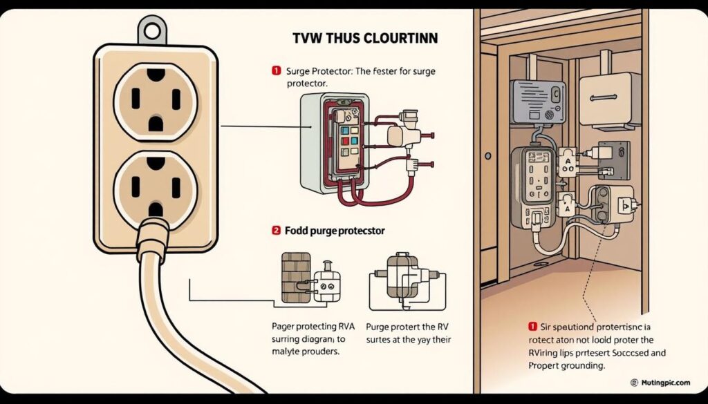A detailed technical illustration of an RV surge protector installation process. The foreground shows an RV power outlet and the surge protector being plugged in, with clear step-by-step instructions. The middle ground depicts the surge protector's internal components and wiring diagrams. The background showcases the RV's electrical system and the importance of proper grounding. Warm, muted tones evoke a DIY manual aesthetic. The lighting is clear and even, with a slightly technical, instructional feel. The perspective is slightly angled to provide an optimal view of the installation process. No extraneous elements - the focus is solely on the surge protector and its integration into the RV's electrical infrastructure. A detailed technical illustration of an RV surge protector installation process. The foreground shows an RV power outlet and the surge protector being plugged in, with clear step-by-step instructions. The middle ground depicts the surge protector's internal components and wiring diagrams. The background showcases the RV's electrical system and the importance of proper grounding. Warm, muted tones evoke a DIY manual aesthetic. The lighting is clear and even, with a slightly technical, instructional feel. The perspective is slightly angled to provide an optimal view of the installation process. No extraneous elements - the focus is solely on the surge protector and its integration into the RV's electrical infrastructure.