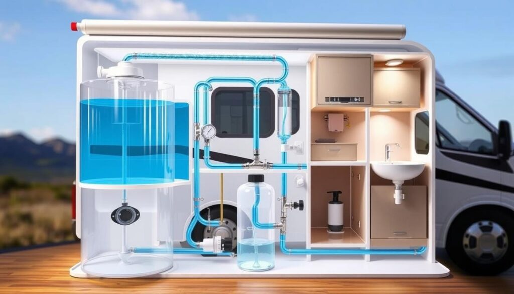 A detailed, well-lit diagram of an RV freshwater supply management system, showcasing the key components in a cutaway view. The foreground features the water tank, inlet, and distribution lines, with clear visualization of the flow and filtration process. The middle ground highlights the water pump, valves, and monitoring sensors, while the background depicts the RV's plumbing layout and connections to the sink, shower, and other fixtures. The scene conveys a technical, engineering-focused aesthetic with a focus on functionality and system understanding, suitable for an educational article on RV plumbing. A detailed, well-lit diagram of an RV freshwater supply management system, showcasing the key components in a cutaway view. The foreground features the water tank, inlet, and distribution lines, with clear visualization of the flow and filtration process. The middle ground highlights the water pump, valves, and monitoring sensors, while the background depicts the RV's plumbing layout and connections to the sink, shower, and other fixtures. The scene conveys a technical, engineering-focused aesthetic with a focus on functionality and system understanding, suitable for an educational article on RV plumbing.