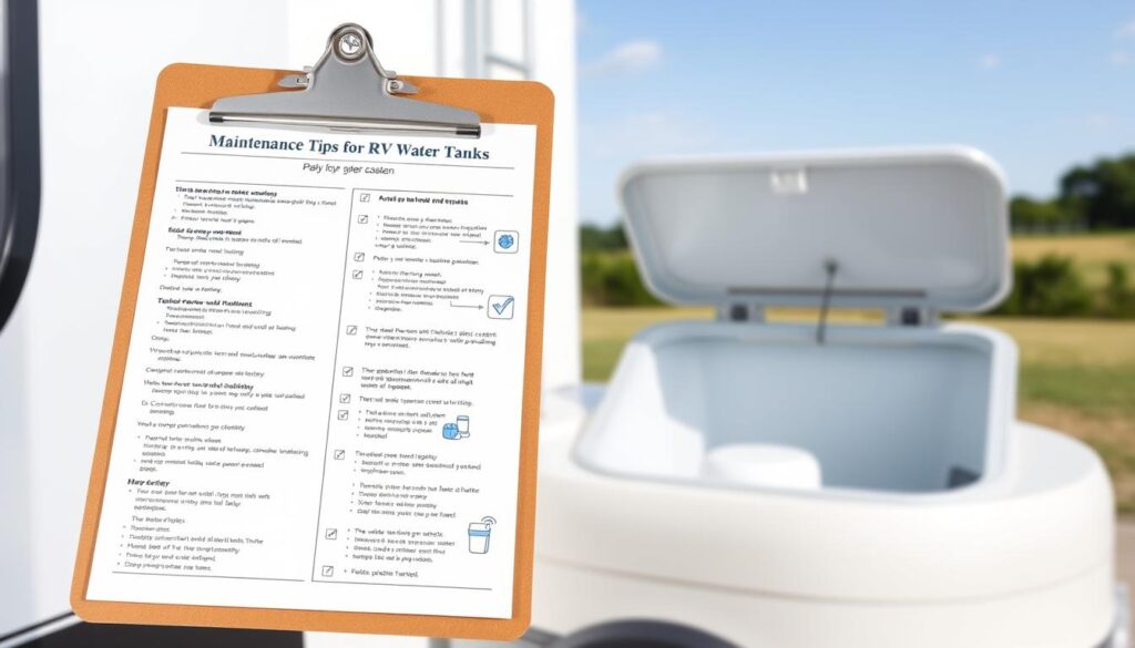 A detailed, well-organized RV water system maintenance checklist, shot in a clean, professional style with soft lighting and a neutral background. The foreground features a comprehensive list of maintenance tasks neatly organized on a clipboard, with technical diagrams and icons illustrating each step. The middle ground showcases an open RV water tank, revealing its internal components. The background subtly suggests the outdoor setting of an RV campsite, with hints of greenery and a clear sky. The overall mood is informative, practical, and visually appealing, perfectly suited to illustrate the "Maintenance Tips for RV Water Tanks" section of the article.