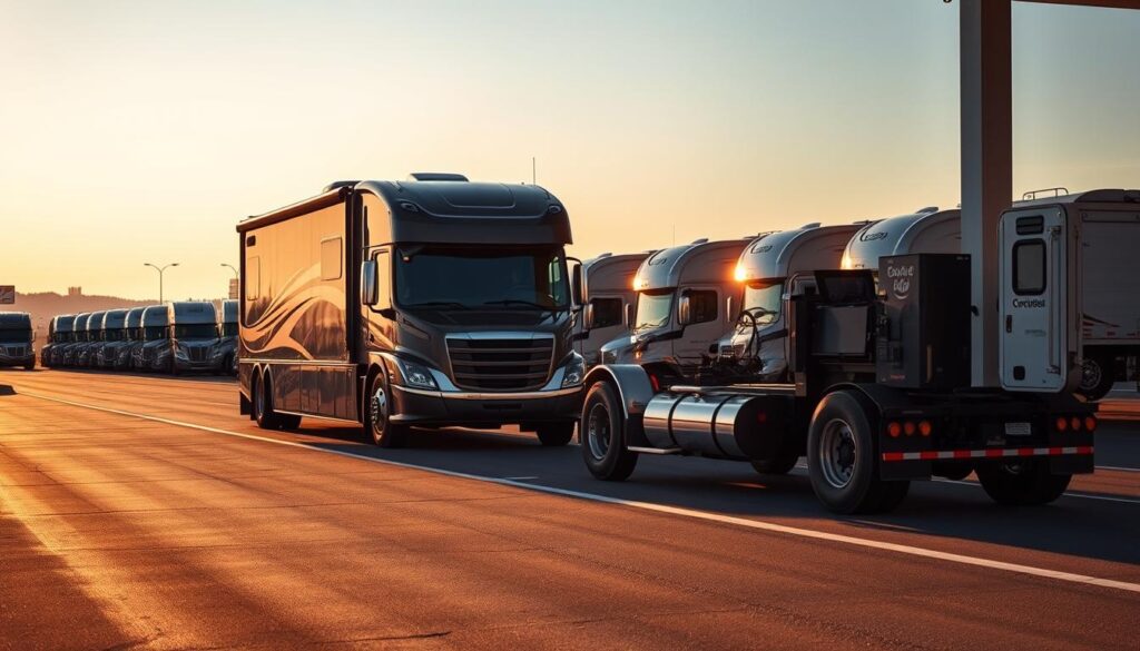 A diesel-powered RV pulls into a bustling truck stop, its imposing frame dwarfing the regular automobiles. The RV's owner carefully maneuvers it towards the towering diesel fuel pumps, the engine's deep rumble echoing across the expansive asphalt. The scene is bathed in warm, golden light, casting long shadows as the sun dips low on the horizon. In the background, a row of sleek, modern tractor-trailers wait their turn, their drivers disembarking to stretch their legs or grab a quick bite. The atmosphere is one of quiet industriousness, a sense of the RV owner's journey continuing onward as they refuel for the next leg of their adventure. A diesel-powered RV pulls into a bustling truck stop, its imposing frame dwarfing the regular automobiles. The RV's owner carefully maneuvers it towards the towering diesel fuel pumps, the engine's deep rumble echoing across the expansive asphalt. The scene is bathed in warm, golden light, casting long shadows as the sun dips low on the horizon. In the background, a row of sleek, modern tractor-trailers wait their turn, their drivers disembarking to stretch their legs or grab a quick bite. The atmosphere is one of quiet industriousness, a sense of the RV owner's journey continuing onward as they refuel for the next leg of their adventure.