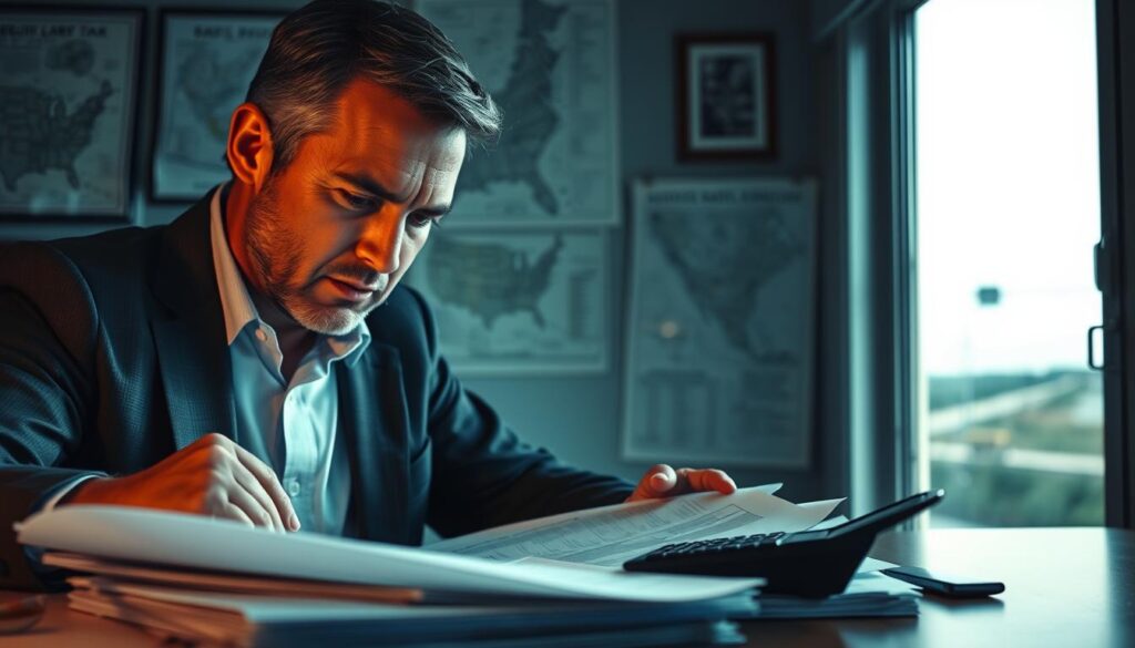 A dimly lit office, the walls adorned with maps and regulatory documents. On the desk, a stack of tax forms and a calculator, casting a warm glow. In the foreground, a businessman pores over the paperwork, brow furrowed in concentration. The window behind him reveals the blurred outline of a state line, the border crossing in the distance. The atmosphere is one of diligence and careful compliance, as the man navigates the complex web of state-level taxes and regulations. A dimly lit office, the walls adorned with maps and regulatory documents. On the desk, a stack of tax forms and a calculator, casting a warm glow. In the foreground, a businessman pores over the paperwork, brow furrowed in concentration. The window behind him reveals the blurred outline of a state line, the border crossing in the distance. The atmosphere is one of diligence and careful compliance, as the man navigates the complex web of state-level taxes and regulations.