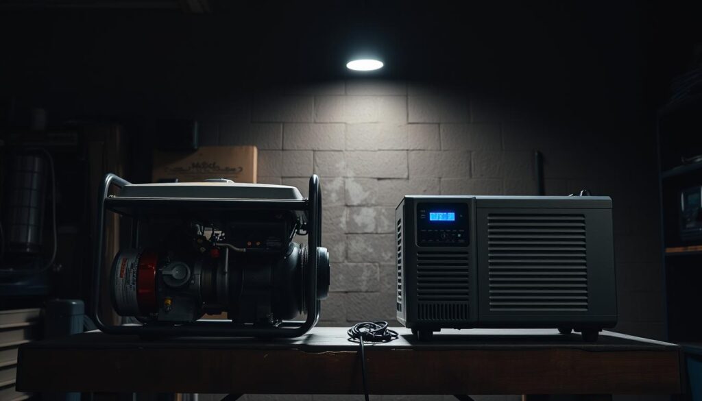 A dimly lit workshop with a generator and an inverter sitting side by side on a sturdy workbench. The generator, a hulking machine with a rugged metal casing, emits a low, rumbling hum. In contrast, the sleek, compact inverter rests silently, its digital display casting a soft, blue glow. The air is thick with the scent of machine oil and the faint crackle of electricity. A single, focused spotlight illuminates the scene, casting dramatic shadows and highlighting the distinct differences in the noise profiles of the two power sources. The overall atmosphere conveys a sense of comparison and evaluation, inviting the viewer to consider the trade-offs between the two technologies.