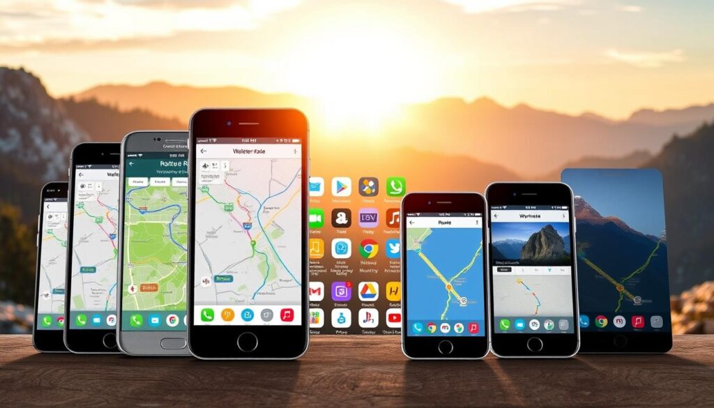 A dynamic, photorealistic comparison of the most prominent RV route planner apps, showcasing their distinct interfaces and features. Set against a backdrop of scenic mountain landscapes, the foreground displays a row of sleek, modern smartphones, each displaying a different app's route planning interface. The middle ground features a neatly organized grid of app icons, while the background is illuminated by warm, golden sunlight, creating a sense of adventure and exploration. The overall composition conveys the utility and versatility of these essential RV navigation tools, inviting the viewer to explore the best options for planning their ideal route. A dynamic, photorealistic comparison of the most prominent RV route planner apps, showcasing their distinct interfaces and features. Set against a backdrop of scenic mountain landscapes, the foreground displays a row of sleek, modern smartphones, each displaying a different app's route planning interface. The middle ground features a neatly organized grid of app icons, while the background is illuminated by warm, golden sunlight, creating a sense of adventure and exploration. The overall composition conveys the utility and versatility of these essential RV navigation tools, inviting the viewer to explore the best options for planning their ideal route.