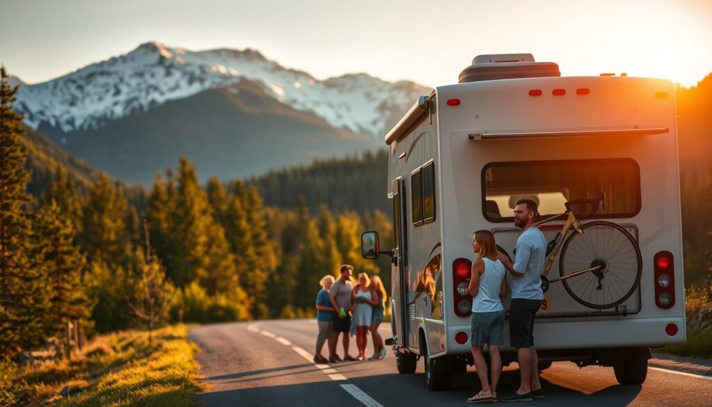 A family enjoying an RV adventure on a scenic mountain road, with snow-capped peaks in the distance and a golden sunset illuminating the scene. In the foreground, a well-equipped RV with a bicycle rack and outdoor gear takes center stage, surrounded by lush green forests. In the middle ground, the family - parents and children - are gathered outside the RV, laughing and sharing a meal together. The lighting is warm and inviting, capturing the sense of togetherness and exploration. The overall atmosphere conveys the excitement and freedom of RV travel, with a focus on the joyful experiences shared by the family. A family enjoying an RV adventure on a scenic mountain road, with snow-capped peaks in the distance and a golden sunset illuminating the scene. In the foreground, a well-equipped RV with a bicycle rack and outdoor gear takes center stage, surrounded by lush green forests. In the middle ground, the family - parents and children - are gathered outside the RV, laughing and sharing a meal together. The lighting is warm and inviting, capturing the sense of togetherness and exploration. The overall atmosphere conveys the excitement and freedom of RV travel, with a focus on the joyful experiences shared by the family.