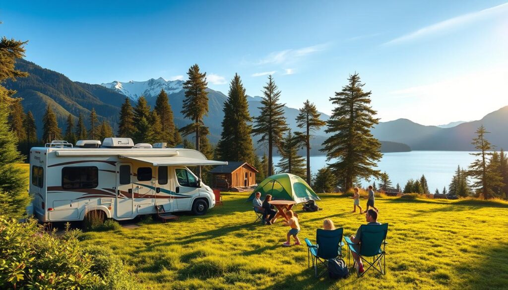 A family-friendly RV campsite nestled in a scenic mountain landscape. In the foreground, a well-equipped RV sits amidst lush greenery, with a picnic table and outdoor cooking setup. In the middle ground, children play on a grassy field, while adults relax in camp chairs. The background features snow-capped peaks, towering pine trees, and a serene lake reflecting the tranquil sky. Warm afternoon sunlight filters through the trees, casting a golden glow over the entire scene. The overall mood is one of peaceful escapism and quality time spent in nature. A family-friendly RV campsite nestled in a scenic mountain landscape. In the foreground, a well-equipped RV sits amidst lush greenery, with a picnic table and outdoor cooking setup. In the middle ground, children play on a grassy field, while adults relax in camp chairs. The background features snow-capped peaks, towering pine trees, and a serene lake reflecting the tranquil sky. Warm afternoon sunlight filters through the trees, casting a golden glow over the entire scene. The overall mood is one of peaceful escapism and quality time spent in nature.