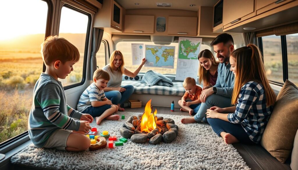 A family gathered around a cozy RV, with kids excitedly engaged in various activities. In the foreground, a young child plays with colorful toys on a plush rug, while older siblings build a miniature campfire set-up. In the middle ground, parents collaborate to hang educational posters and map displays, creating a dynamic learning environment. The background showcases the RV's expansive panoramic windows, framing a serene countryside landscape bathed in warm, golden-hour lighting. The scene exudes a sense of adventure, exploration, and quality family time, capturing the essence of "Keeping Kids Engaged on the Road".