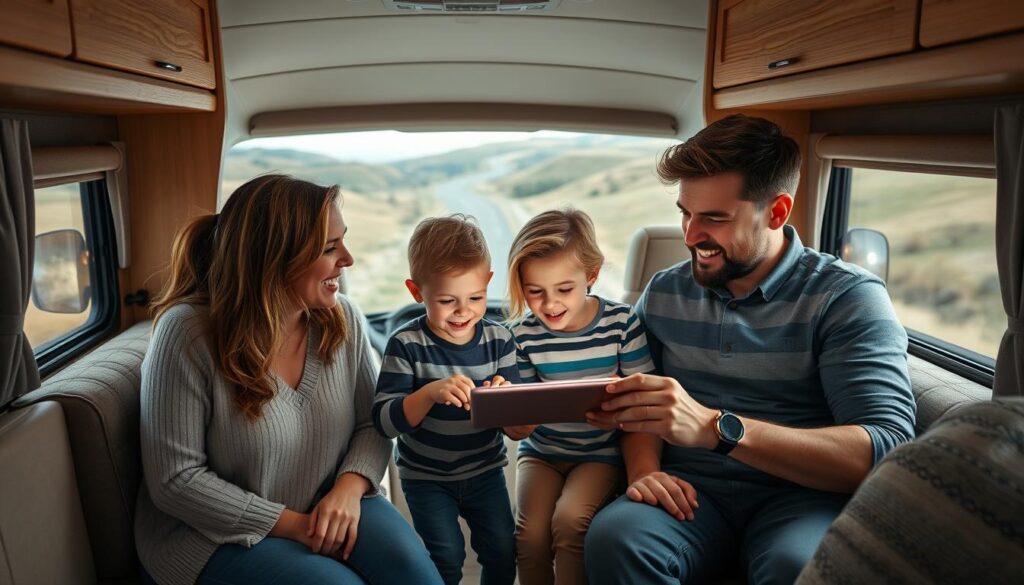 A family of four - two parents and two young children - enjoying an RV adventure. In the foreground, the parents are engaged in a lively discussion, their facial expressions conveying a mixture of laughter and mild exasperation. In the middle ground, the children are playing a game on a tablet, their faces lit by the warm glow of the device. The background showcases the cozy interior of the RV, with plush seating, wooden accents, and a panoramic window offering a scenic view of rolling hills and a winding road. The lighting is soft and natural, creating a sense of warmth and intimacy. The overall composition captures the dynamic interplay of family members, balancing moments of connection and occasional tension that come with RVing with children.