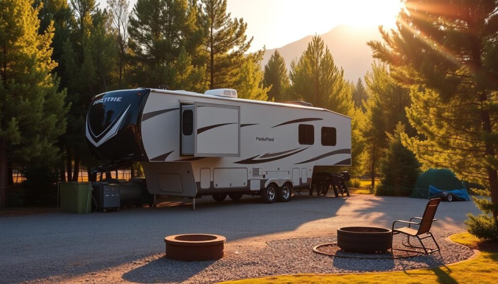 A fifth wheel RV, with its distinctive gooseneck hitch, sits nestled in a picturesque campsite. The vehicle's sleek, modern design stands in contrast to the lush, verdant foliage surrounding it. Warm, golden sunlight filters through the trees, casting a cozy glow on the scene. In the foreground, a well-maintained gravel pad provides a sturdy foundation for the RV, while a nearby fire pit and patio furniture suggest the owner's intention to enjoy the great outdoors. In the distance, a towering mountain range rises, hinting at the breathtaking natural beauty that likely awaits adventurous campers. The overall atmosphere conveys a sense of tranquility and the perfect balance between the comforts of home and the freedom of the open road.