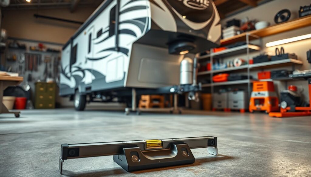 A garage workshop filled with tools and equipment, the focus centered on a recreational vehicle parked on a hydraulic leveling system. Soft, diffused lighting illuminates the scene, casting gentle shadows across the RV's exterior. In the foreground, a set of leveling blocks and a bubble level lie on the concrete floor, hinting at the task at hand. The middle ground features the RV, its tires slightly elevated, as the leveling system is engaged. In the background, shelves laden with spare parts and maintenance supplies suggest this is a common troubleshooting scenario. The overall mood is one of problem-solving, with an air of calm professionalism. A garage workshop filled with tools and equipment, the focus centered on a recreational vehicle parked on a hydraulic leveling system. Soft, diffused lighting illuminates the scene, casting gentle shadows across the RV's exterior. In the foreground, a set of leveling blocks and a bubble level lie on the concrete floor, hinting at the task at hand. The middle ground features the RV, its tires slightly elevated, as the leveling system is engaged. In the background, shelves laden with spare parts and maintenance supplies suggest this is a common troubleshooting scenario. The overall mood is one of problem-solving, with an air of calm professionalism.