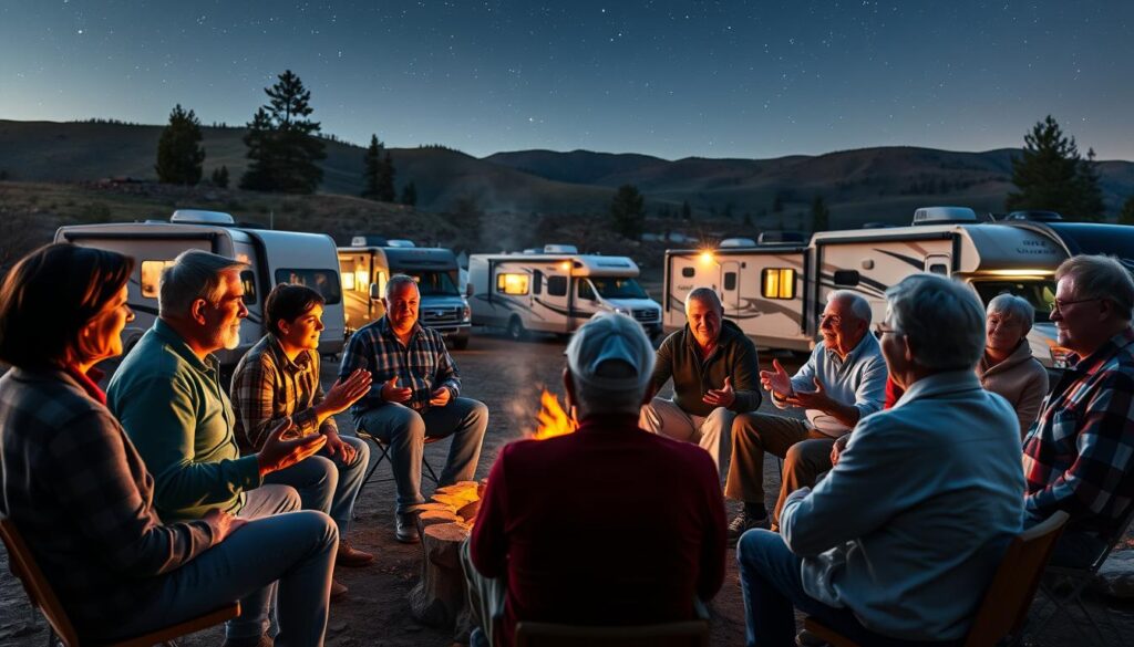 A group of diverse RV owners, ranging from young couples to retired individuals, gathered around a campfire, engaged in lively discussions. In the foreground, they animatedly share their experiences and insights about how backup cameras have improved their driving confidence and safety, gesturing towards their RVs parked in the background. The scene is illuminated by the warm glow of the campfire, casting a cozy and inviting atmosphere. The RVs, in various sizes and models, are visible in the middle ground, showcasing the versatility of the backup camera technology. The background features a scenic landscape of rolling hills, tall trees, and a starry night sky, creating a serene and peaceful setting for the gathering. A group of diverse RV owners, ranging from young couples to retired individuals, gathered around a campfire, engaged in lively discussions. In the foreground, they animatedly share their experiences and insights about how backup cameras have improved their driving confidence and safety, gesturing towards their RVs parked in the background. The scene is illuminated by the warm glow of the campfire, casting a cozy and inviting atmosphere. The RVs, in various sizes and models, are visible in the middle ground, showcasing the versatility of the backup camera technology. The background features a scenic landscape of rolling hills, tall trees, and a starry night sky, creating a serene and peaceful setting for the gathering.
