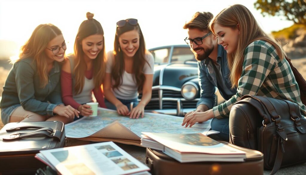 A group of eager young travelers gathered around a map, excitedly planning their upcoming road trip adventure. The sun casts a warm glow, illuminating their faces as they lean in, fingers tracing potential routes and marking destinations. In the foreground, a well-worn suitcase and a handful of travel guides sit open, hinting at the excitement and anticipation of the journey to come. In the middle ground, a vintage car waits patiently, its gleaming chrome and classic lines a symbol of the freedom and exploration that lies ahead. The background is softly blurred, allowing the focus to remain on the travelers and their planning, their expressions a mix of wonder, curiosity, and the thrill of the unknown.