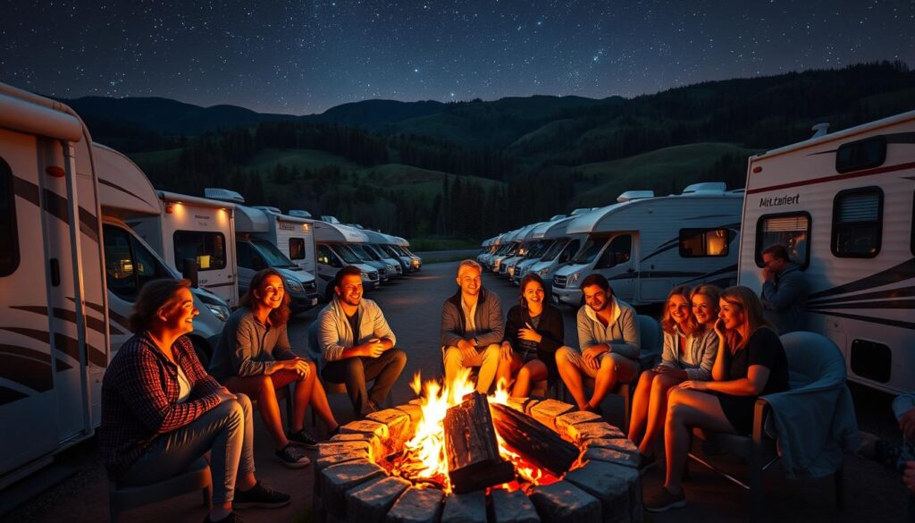 A group of friends gathered around a cozy RV, their faces lit by the warm glow of a campfire. In the foreground, they share laughter and stories, their bodies relaxed and at ease. In the middle ground, their RVs are lined up in a neat row, their gleaming exteriors reflecting the starry night sky. In the background, rolling hills and lush forests create a serene, natural backdrop, accentuating the sense of adventure and freedom. The scene is captured with a wide-angle lens, emphasizing the camaraderie and sense of community among the RV enthusiasts. The overall mood is one of camaraderie, exploration, and the joy of the open road. A group of friends gathered around a cozy RV, their faces lit by the warm glow of a campfire. In the foreground, they share laughter and stories, their bodies relaxed and at ease. In the middle ground, their RVs are lined up in a neat row, their gleaming exteriors reflecting the starry night sky. In the background, rolling hills and lush forests create a serene, natural backdrop, accentuating the sense of adventure and freedom. The scene is captured with a wide-angle lens, emphasizing the camaraderie and sense of community among the RV enthusiasts. The overall mood is one of camaraderie, exploration, and the joy of the open road.