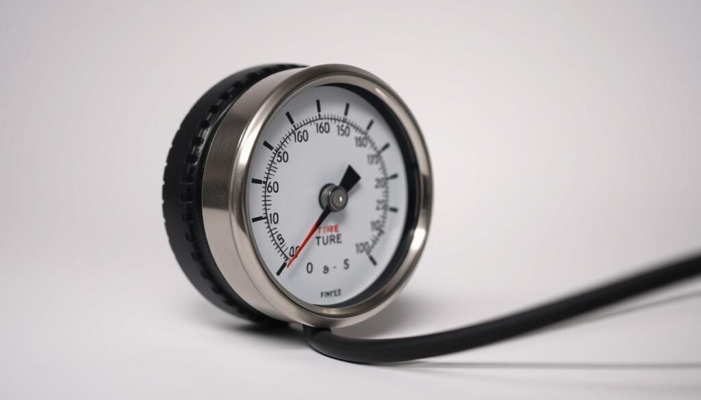A high-quality, photo-realistic image of a tire pressure gauge. The gauge is the prominent focus, positioned in the foreground with a clean, white background. Lighting is soft and diffused, creating subtle highlights and shadows to accentuate the gauge's metallic and glass surfaces. The angle is slightly angled, showcasing the gauge's dial and increments clearly. The overall mood is clinical and informative, conveying the importance of proper tire pressure monitoring. A high-quality, photo-realistic image of a tire pressure gauge. The gauge is the prominent focus, positioned in the foreground with a clean, white background. Lighting is soft and diffused, creating subtle highlights and shadows to accentuate the gauge's metallic and glass surfaces. The angle is slightly angled, showcasing the gauge's dial and increments clearly. The overall mood is clinical and informative, conveying the importance of proper tire pressure monitoring.