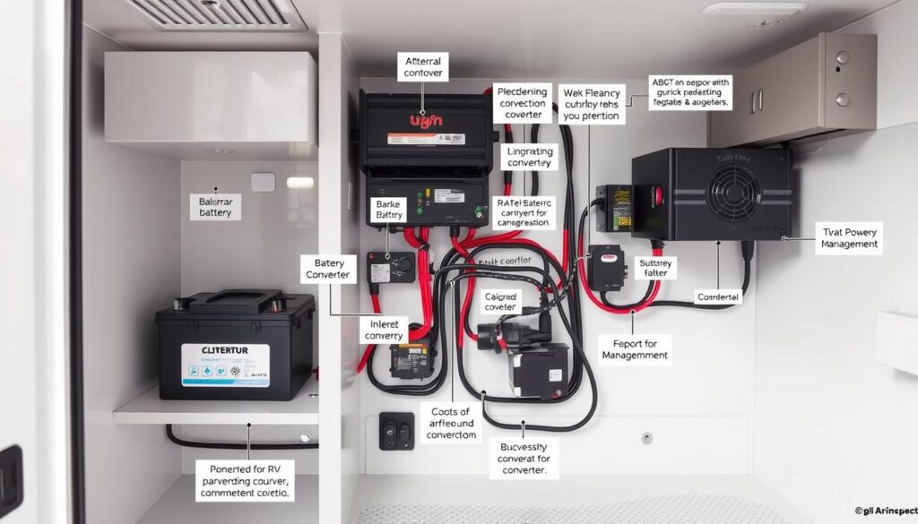 A highly detailed, technical diagram of the key electrical components inside an RV, showcasing the battery, converter, and inverter systems. Rendered in a clean, schematic style with precise labels and callouts to highlight the functionality and interconnections of these critical power management systems. The image should convey a sense of technical expertise and authority, suitable for an informative article on RV electrical maintenance. The lighting should be neutral and the overall mood should be instructive and educational, with a focus on clarity and informativeness over artistic expression.