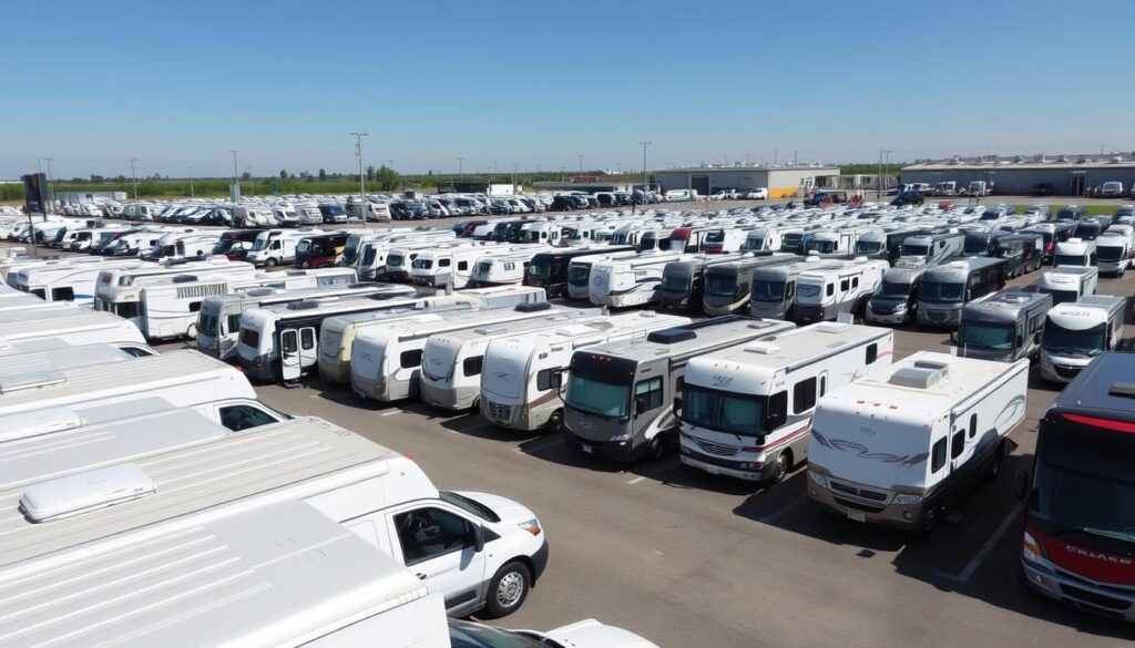 A large RV dealership lot with rows of new and used recreational vehicles on display. The new models are shiny and pristine, parked in the foreground under bright, natural lighting. The used models are arranged in the middle ground, some with minor blemishes but still in good condition. In the background, a smaller lot with a variety of older, pre-owned RVs at discounted prices. The scene conveys the price differences between the latest RV models and their more affordable, previously owned counterparts, captured with a wide-angle lens to showcase the full scope of the selection.