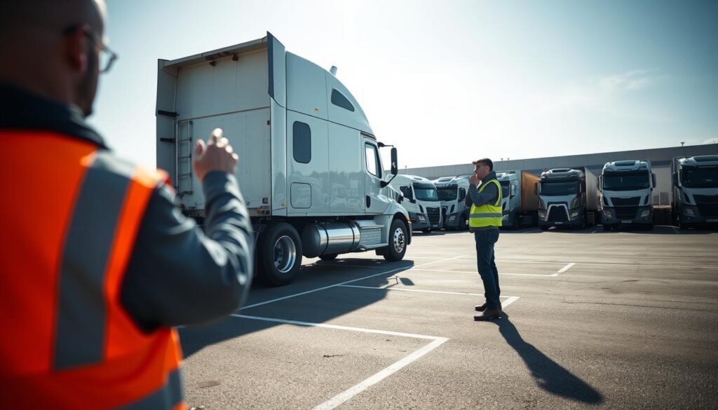 A large semi-truck parked in a well-lit, spacious lot. The truck is positioned at a slight angle, its rear tires neatly aligned with the parking space markings. In the foreground, a person in a reflective safety vest is gesturing, providing guidance to the driver, who is carefully maneuvering the vehicle into the designated spot. The background features other parked trucks and a clear view of the sky, creating a sense of scale and depth. The scene conveys a sense of expertise and professionalism, with the driver following the instructions of the guiding assistant to park the big rig with precision. A large semi-truck parked in a well-lit, spacious lot. The truck is positioned at a slight angle, its rear tires neatly aligned with the parking space markings. In the foreground, a person in a reflective safety vest is gesturing, providing guidance to the driver, who is carefully maneuvering the vehicle into the designated spot. The background features other parked trucks and a clear view of the sky, creating a sense of scale and depth. The scene conveys a sense of expertise and professionalism, with the driver following the instructions of the guiding assistant to park the big rig with precision.