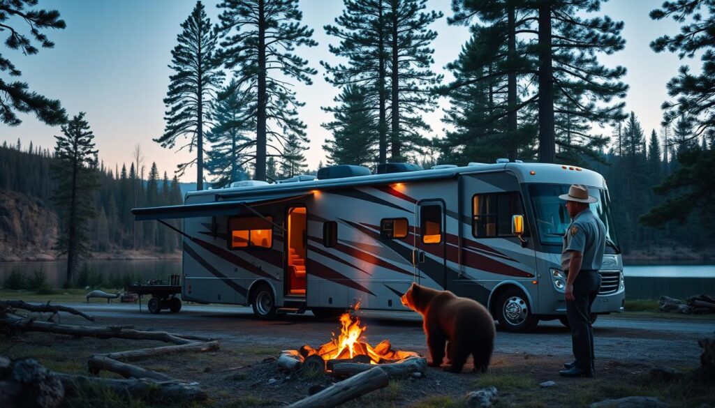 A majestic RV nestled in a serene wilderness, surrounded by towering pine trees and a pristine lake. In the foreground, a park ranger gestures towards a bear cautiously approaching the campsite, illustrating the importance of wildlife safety. The RV's exterior reflects the warm glow of a campfire, its soft light casting a cozy ambiance. The scene is captured with a wide-angle lens, emphasizing the scale and tranquility of the natural setting. The overall mood is one of adventure and responsible outdoor exploration, highlighting the need for caution and respect when interacting with wildlife during an RVing excursion. A majestic RV nestled in a serene wilderness, surrounded by towering pine trees and a pristine lake. In the foreground, a park ranger gestures towards a bear cautiously approaching the campsite, illustrating the importance of wildlife safety. The RV's exterior reflects the warm glow of a campfire, its soft light casting a cozy ambiance. The scene is captured with a wide-angle lens, emphasizing the scale and tranquility of the natural setting. The overall mood is one of adventure and responsible outdoor exploration, highlighting the need for caution and respect when interacting with wildlife during an RVing excursion.