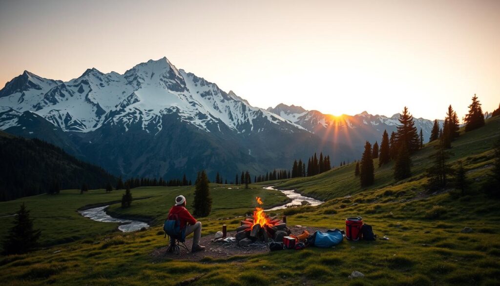 A majestic mountain range towers in the background, its snow-capped peaks reaching towards the heavens. In the foreground, a cozy campsite nestled in a lush, verdant meadow, with a meandering stream cutting through the landscape. A lone hiker sits by a crackling fire, gazing out at the breathtaking vista, their gear neatly arranged nearby. The warm, golden light of the setting sun casts a serene glow over the scene, creating a sense of tranquility and adventure. The image invites the viewer to imagine the possibilities of this perfect mountain camping destination, where nature's grandeur and the comforts of a well-chosen site come together in perfect harmony. A majestic mountain range towers in the background, its snow-capped peaks reaching towards the heavens. In the foreground, a cozy campsite nestled in a lush, verdant meadow, with a meandering stream cutting through the landscape. A lone hiker sits by a crackling fire, gazing out at the breathtaking vista, their gear neatly arranged nearby. The warm, golden light of the setting sun casts a serene glow over the scene, creating a sense of tranquility and adventure. The image invites the viewer to imagine the possibilities of this perfect mountain camping destination, where nature's grandeur and the comforts of a well-chosen site come together in perfect harmony.