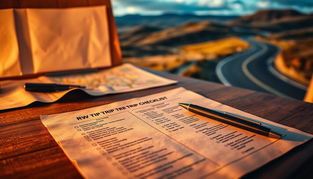 A meticulous RV trip checklist unfolds on a wooden table, illuminated by warm, diffused lighting. In the foreground, a pen hovers over a neatly organized list of essential items, from camping gear to road trip essentials. The middle ground features a map with carefully plotted routes, while the background showcases a picturesque landscape of rolling hills and a winding road leading into the distance. The overall atmosphere conveys a sense of careful planning, adventure, and the tranquility of the great outdoors, setting the stage for an immersive and stress-free RV journey.