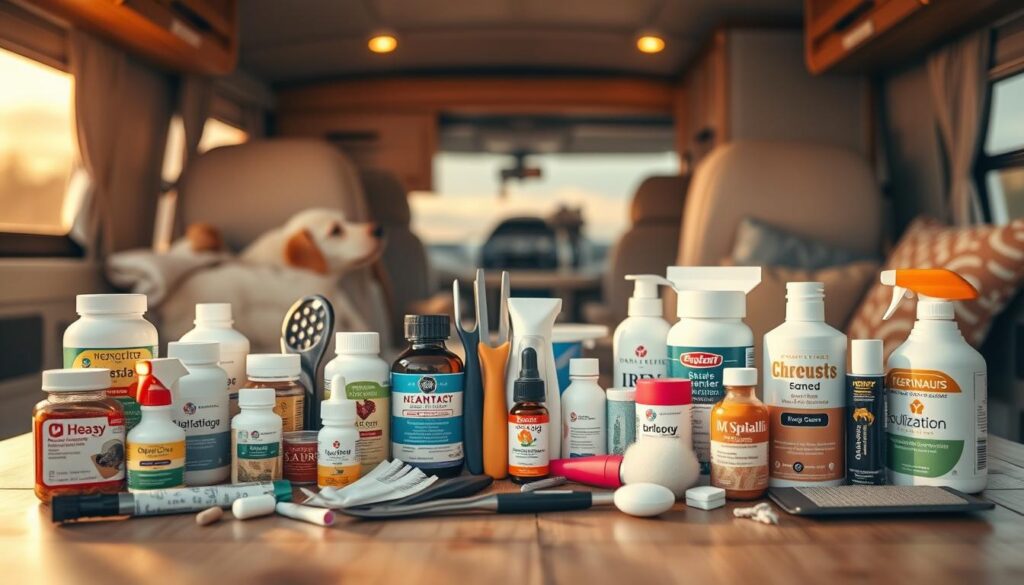 A meticulously arranged collection of essential pet health products for RV travel, bathed in warm, golden light and shot with a shallow depth of field. In the foreground, an array of pet medications, supplements, and first-aid items neatly organized on a natural wooden surface. The middle ground features high-quality grooming tools, flea and tick repellents, and hygiene necessities. In the background, a cozy RV interior with soft, earthy tones provides a comforting backdrop. The overall composition conveys a sense of thoughtful preparation and care for the wellbeing of traveling pets. A meticulously arranged collection of essential pet health products for RV travel, bathed in warm, golden light and shot with a shallow depth of field. In the foreground, an array of pet medications, supplements, and first-aid items neatly organized on a natural wooden surface. The middle ground features high-quality grooming tools, flea and tick repellents, and hygiene necessities. In the background, a cozy RV interior with soft, earthy tones provides a comforting backdrop. The overall composition conveys a sense of thoughtful preparation and care for the wellbeing of traveling pets.