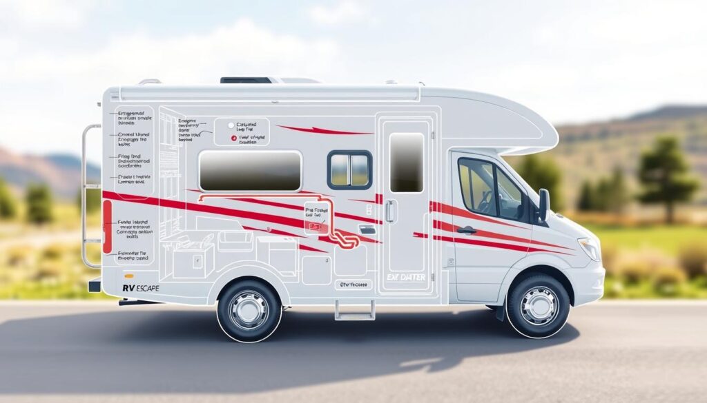 A meticulously detailed diagram of an RV fire escape plan, rendered in a technical blueprint style. The foreground features a clear, labeled schematic of the RV's interior layout, highlighting emergency exits, fire extinguisher locations, and evacuation routes. The middle ground showcases a cutaway view of the RV's structure, revealing the construction materials and safety features. The background subtly depicts the RV in a serene outdoor setting, emphasizing the importance of this plan for ensuring safe travels. The lighting is crisp and the perspective is slightly elevated, creating a sense of clarity and precision. The overall tone is informative and practical, designed to educate RV owners on essential fire safety measures.