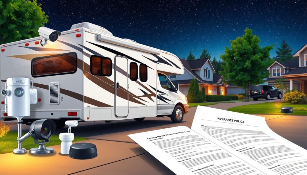 A meticulously detailed, high-resolution illustration of an RV parked in a secure, well-lit driveway. In the foreground, an array of security cameras, motion sensors, and reinforced locks are prominently displayed, conveying a sense of comprehensive protection. The middle ground features an insurance policy document open, highlighting the coverage details for RV security upgrades. In the background, a cozy suburban neighborhood sets the scene, with lush greenery and a starry night sky creating a tranquil, safe atmosphere. The overall composition emphasizes the importance of safeguarding an RV investment through both technical security measures and comprehensive insurance coverage. A meticulously detailed, high-resolution illustration of an RV parked in a secure, well-lit driveway. In the foreground, an array of security cameras, motion sensors, and reinforced locks are prominently displayed, conveying a sense of comprehensive protection. The middle ground features an insurance policy document open, highlighting the coverage details for RV security upgrades. In the background, a cozy suburban neighborhood sets the scene, with lush greenery and a starry night sky creating a tranquil, safe atmosphere. The overall composition emphasizes the importance of safeguarding an RV investment through both technical security measures and comprehensive insurance coverage.