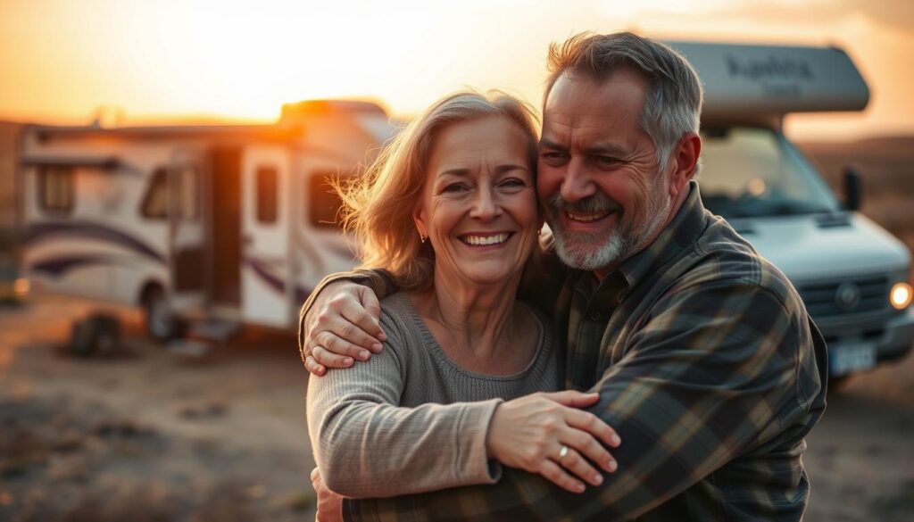 A middle-aged couple embraces under the warm glow of a sunset, their RV parked in the distance. The foreground captures their tender, emotional connection, their faces expressing a sense of serene contentment and freedom. The RV, a symbol of their unconventional lifestyle, stands in the middle ground, suggesting the adventurous spirit that binds them. In the background, a vast, open landscape stretches out, hinting at the boundless possibilities and the emotional journey they have embarked upon. The scene is bathed in a soft, golden light, creating a sense of tranquility and introspection, perfectly capturing the emotional essence of the RV lifestyle.