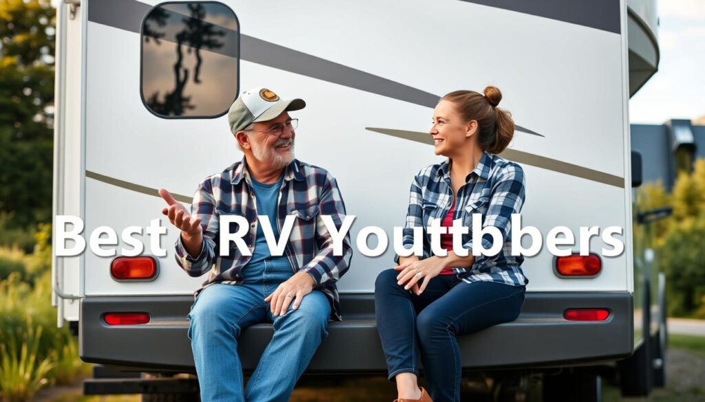 A middle-aged couple sitting on the bumper of their modern RV, engaged in a lively discussion. The man, wearing a flannel shirt and a baseball cap, gestures enthusiastically as he shares his insights. The woman, with her hair tied back, nods in agreement, a warm smile on her face. The RV is parked in a serene natural setting, with lush greenery and a clear blue sky in the background. Soft, natural lighting illuminates the scene, creating a cozy and inviting atmosphere. The overall composition emphasizes the connection and camaraderie between the couple as they exchange their knowledge and experiences about the best RV YouTubers. A middle-aged couple sitting on the bumper of their modern RV, engaged in a lively discussion. The man, wearing a flannel shirt and a baseball cap, gestures enthusiastically as he shares his insights. The woman, with her hair tied back, nods in agreement, a warm smile on her face. The RV is parked in a serene natural setting, with lush greenery and a clear blue sky in the background. Soft, natural lighting illuminates the scene, creating a cozy and inviting atmosphere. The overall composition emphasizes the connection and camaraderie between the couple as they exchange their knowledge and experiences about the best RV YouTubers.