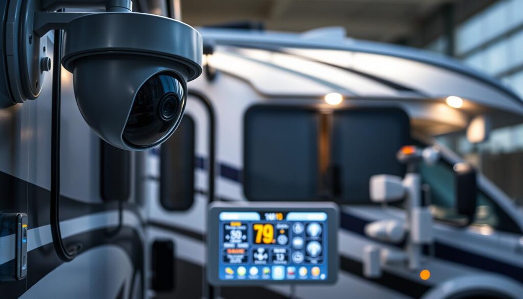 A modern RV outfitted with a robust security system. In the foreground, a high-definition security camera mounted on the exterior, its sleek housing blending seamlessly with the RV's design. In the middle ground, a control panel displaying various sensor readings and alarm status, backlit by soft ambient lighting. In the background, a series of motion detectors and sensors strategically placed around the RV, monitoring for any suspicious activity. The overall scene conveys a sense of technological sophistication and a commitment to protecting the vehicle and its contents, creating a secure and tranquil environment for the RV owner. A modern RV outfitted with a robust security system. In the foreground, a high-definition security camera mounted on the exterior, its sleek housing blending seamlessly with the RV's design. In the middle ground, a control panel displaying various sensor readings and alarm status, backlit by soft ambient lighting. In the background, a series of motion detectors and sensors strategically placed around the RV, monitoring for any suspicious activity. The overall scene conveys a sense of technological sophistication and a commitment to protecting the vehicle and its contents, creating a secure and tranquil environment for the RV owner.