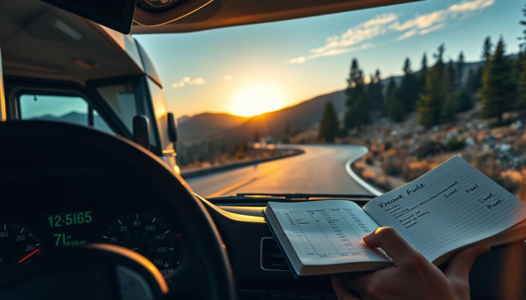 A modern RV parked on a scenic mountain road, with the sun setting in the distance casting warm golden light across the scene. In the foreground, a detailed dashboard display shows fuel consumption data, mileage, and real-time costs. The middle ground features the RV owner carefully tracking expenses and budgeting for fuel in a notebook. In the background, rolling hills and pine forests create a peaceful, contemplative atmosphere. The lighting is natural and cinematic, with shadows and highlights adding depth and dimension. The overall mood is one of careful planning and financial responsibility in the face of the challenges of RV ownership. A modern RV parked on a scenic mountain road, with the sun setting in the distance casting warm golden light across the scene. In the foreground, a detailed dashboard display shows fuel consumption data, mileage, and real-time costs. The middle ground features the RV owner carefully tracking expenses and budgeting for fuel in a notebook. In the background, rolling hills and pine forests create a peaceful, contemplative atmosphere. The lighting is natural and cinematic, with shadows and highlights adding depth and dimension. The overall mood is one of careful planning and financial responsibility in the face of the challenges of RV ownership.