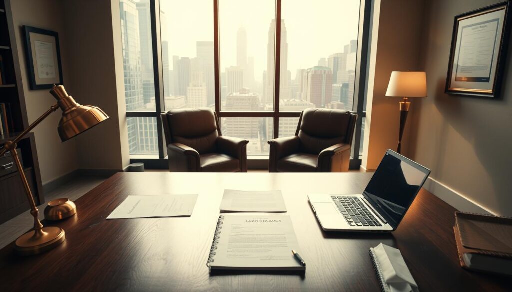 A modern law office interior, with a large window overlooking a cityscape of skyscrapers. In the foreground, a wooden desk with a laptop, papers, and a brass desk lamp. On the wall, a framed legal document or certificate. In the middle ground, two leather chairs facing each other, suggesting a client consultation. The lighting is warm and inviting, with soft shadows and highlights. The overall atmosphere conveys a sense of professionalism, expertise, and the gravitas of legal matters. The composition emphasizes the importance of the legal considerations when crossing state lines. A modern law office interior, with a large window overlooking a cityscape of skyscrapers. In the foreground, a wooden desk with a laptop, papers, and a brass desk lamp. On the wall, a framed legal document or certificate. In the middle ground, two leather chairs facing each other, suggesting a client consultation. The lighting is warm and inviting, with soft shadows and highlights. The overall atmosphere conveys a sense of professionalism, expertise, and the gravitas of legal matters. The composition emphasizes the importance of the legal considerations when crossing state lines.