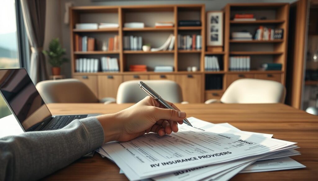 A modern, well-lit office setting with a wooden desk, a laptop, and a stack of documents labeled "RV Insurance Providers". In the foreground, a hand holds a pen, comparing information on the documents. In the background, a bookshelf filled with insurance-related materials and a large window overlooking a scenic landscape, bathed in soft, natural lighting. The atmosphere is one of focused research and informed decision-making, reflecting the subject of finding the right RV insurance provider.