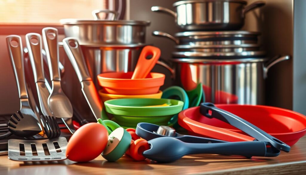 A neatly arranged collection of essential utensils for RV cooking, bathed in warm, natural lighting and captured from a slightly elevated angle. In the foreground, a set of high-quality stainless steel cooking tools, including a sturdy spatula, a well-balanced chef's knife, and a versatile ladle. In the middle ground, a collection of colorful, durable silicone cooking accessories, such as a collapsible measuring cup, a heat-resistant trivet, and a pair of tongs. In the background, a set of compact, nested stainless steel pots and pans, ready to be put to use in the limited space of an RV kitchen. The overall mood is one of functionality, organization, and the joy of cooking on the open road. A neatly arranged collection of essential utensils for RV cooking, bathed in warm, natural lighting and captured from a slightly elevated angle. In the foreground, a set of high-quality stainless steel cooking tools, including a sturdy spatula, a well-balanced chef's knife, and a versatile ladle. In the middle ground, a collection of colorful, durable silicone cooking accessories, such as a collapsible measuring cup, a heat-resistant trivet, and a pair of tongs. In the background, a set of compact, nested stainless steel pots and pans, ready to be put to use in the limited space of an RV kitchen. The overall mood is one of functionality, organization, and the joy of cooking on the open road.