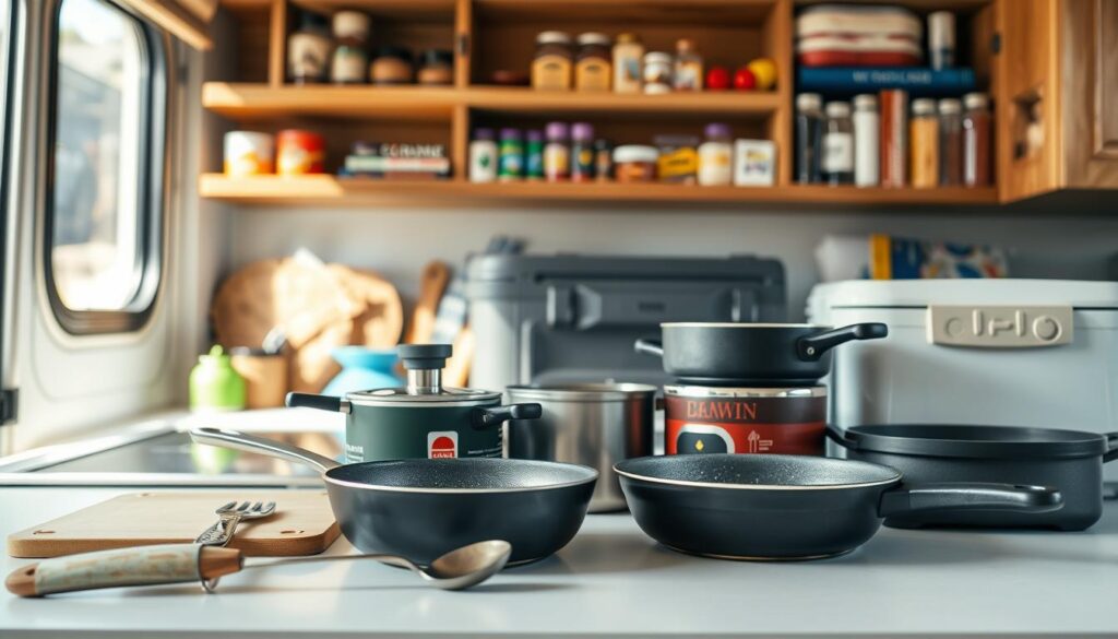 A neatly arranged kitchen counter showcases an assortment of essential RV camping gear. In the foreground, a selection of cooking utensils, including a sleek stainless steel spatula, a rugged cast-iron skillet, and a compact collapsible cutting board, are meticulously placed. In the middle ground, a compact propane stove, a set of nested camping pots and pans, and a sturdy, insulated cooler stand ready for outdoor adventures. The background features a backdrop of wooden shelves, housing an array of spices, dry goods, and cookbooks, all bathed in the warm glow of natural lighting filtering through a nearby window. The overall scene exudes a sense of organization, functionality, and the cozy comfort of a well-equipped RV kitchen, ready to facilitate delicious meals during the ultimate camping experience.