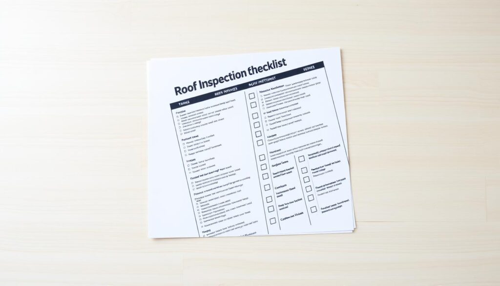 A neatly organized RV roof inspection checklist laid out on a clean, well-lit wooden surface. The checklist features a grid of detailed maintenance tasks, icons, and checklboxes against a neutral background. The image has a minimal, informative aesthetic with a sense of order and organization, conveying the importance of routine RV roof upkeep. The lighting is soft and even, creating a professional, instructional atmosphere. The camera angle is a high-angle, bird's-eye view to provide a comprehensive overview of the checklist layout. A neatly organized RV roof inspection checklist laid out on a clean, well-lit wooden surface. The checklist features a grid of detailed maintenance tasks, icons, and checklboxes against a neutral background. The image has a minimal, informative aesthetic with a sense of order and organization, conveying the importance of routine RV roof upkeep. The lighting is soft and even, creating a professional, instructional atmosphere. The camera angle is a high-angle, bird's-eye view to provide a comprehensive overview of the checklist layout.