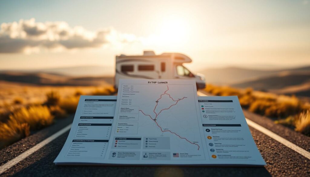 A neatly organized RV trip planner set against a backdrop of a sun-dappled open road, the vehicle silhouetted in the distance. In the foreground, detailed RV model specifications and features laid out in a clean, minimalist infographic style. The middle ground showcases a map with customizable route plans, while the background captures the scenic splendor of rolling hills and a cloudless sky, conveying a sense of adventure and freedom. The lighting is warm and inviting, with a shallow depth of field that focuses the viewer's attention on the key planning elements. The overall mood is one of carefully considered preparation meeting the excitement of the open road.