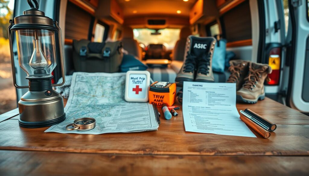 A neatly organized RV trip preparation checklist lays out essential items on a wooden table, illuminated by warm, natural lighting. In the foreground, a camping lantern, compass, and map unfold, hinting at the adventure to come. The middle ground showcases hiking boots, a first-aid kit, and a list of must-pack supplies, while the background features an open RV door, inviting the viewer to embark on the perfect RV getaway. The overall scene conveys a sense of anticipation and careful planning, setting the stage for a memorable RV journey.